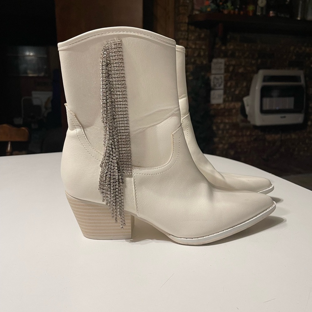 Altar'd State White Western Heeled Boots with Silver Fringe